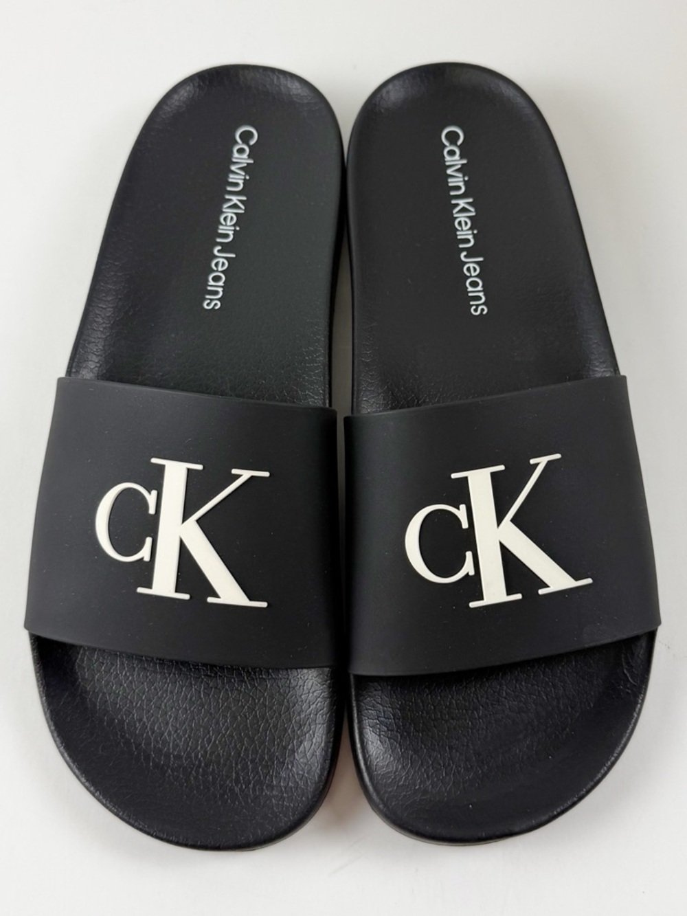 Calvin Klein Jeans Arin Logo Beach Slide Sandals Womens 10M Black CK Logo NWT